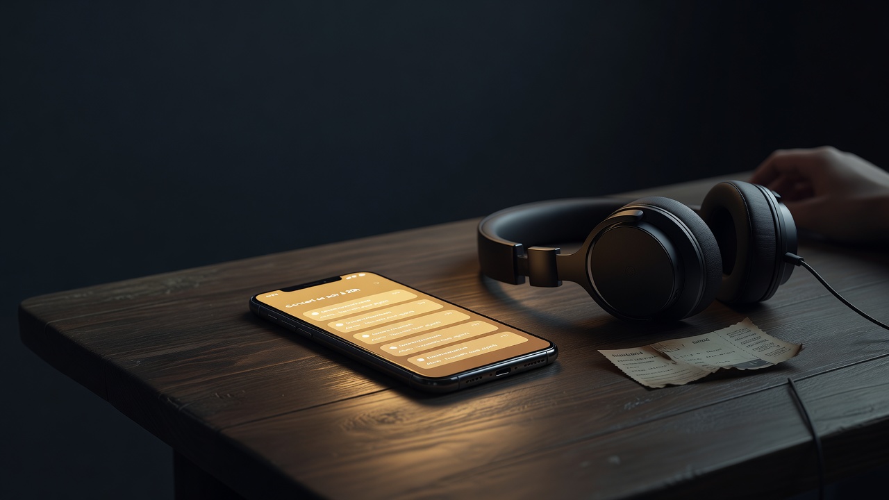 Smartphone affichant des notifications de concerts et des alertes d'artistes sur un fond sombre, avec une lumière ambrée chaleureuse éclairant l'écran